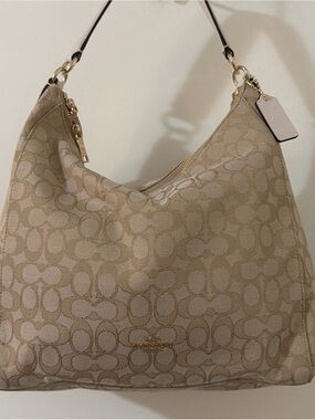Coach Khaki Signature Canvas Hobo with Gold Hardware
